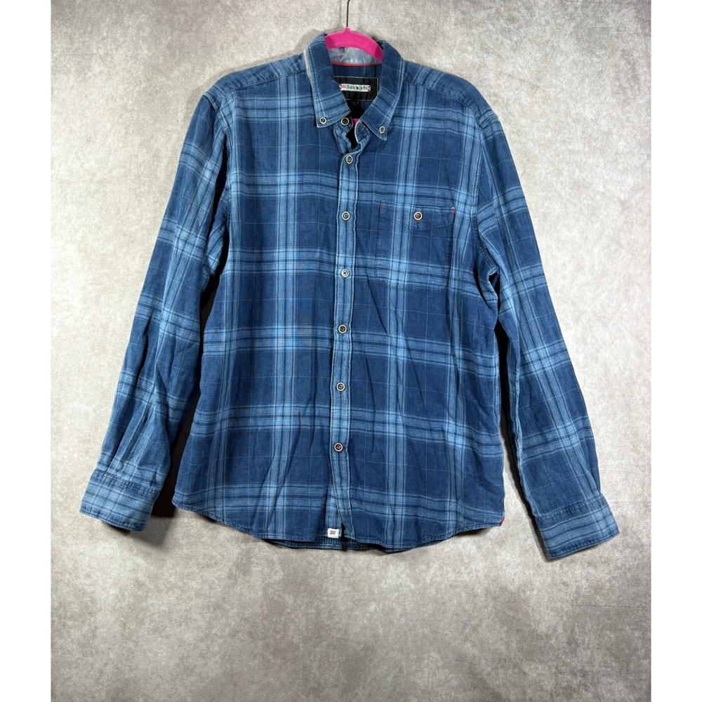 32 Bar Blues Shirt Mens Large Blue Plaid Button Down Long Sleeve Cotton Casual
